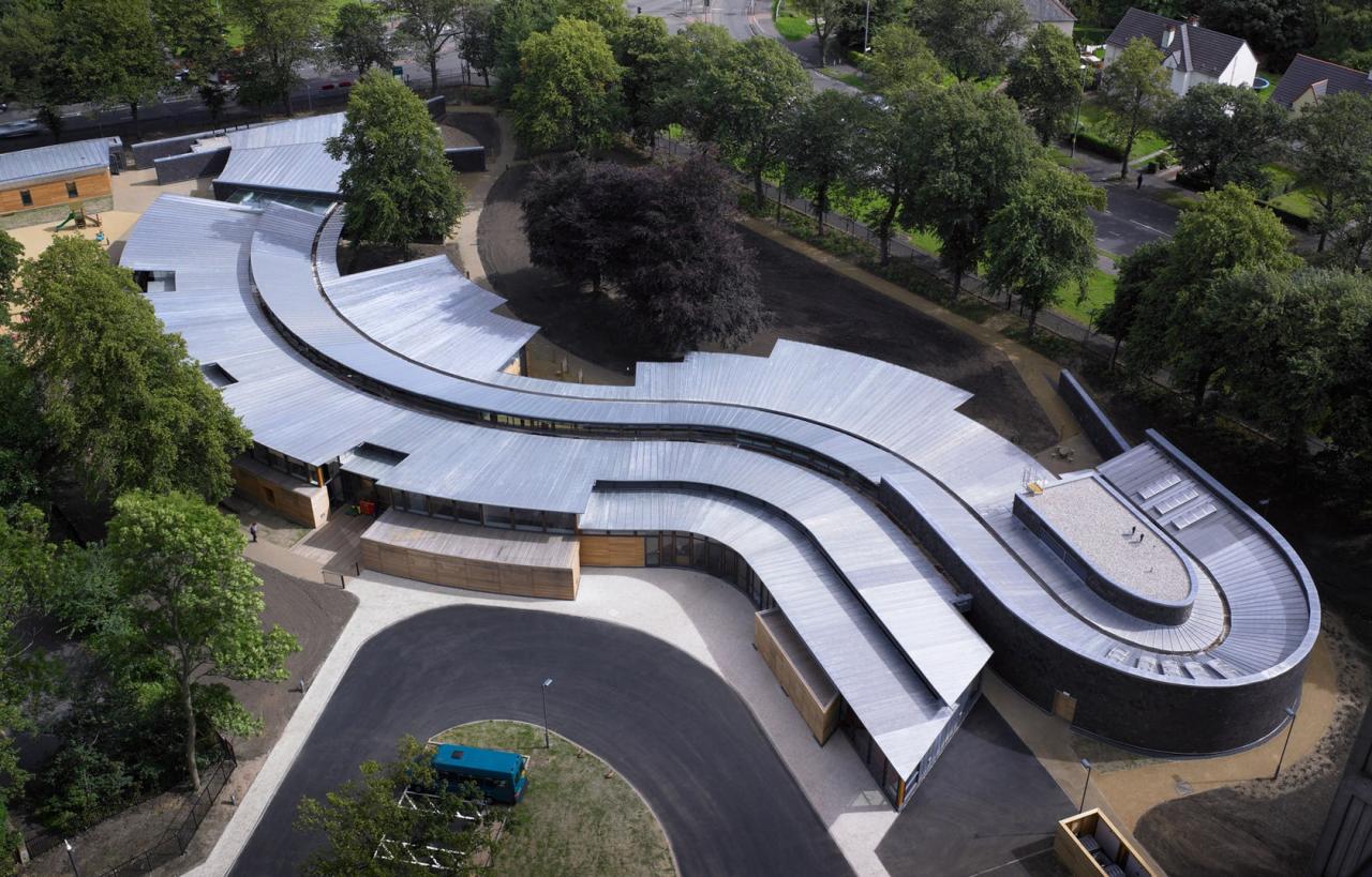 Aerial view of a modern, curved building with a wavy, silvery roof, surrounded by green trees and a winding paved area.
