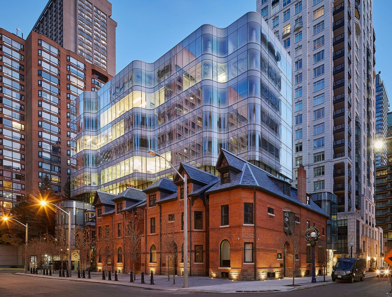 Contemporary architecture contrasting with traditional urban structures.