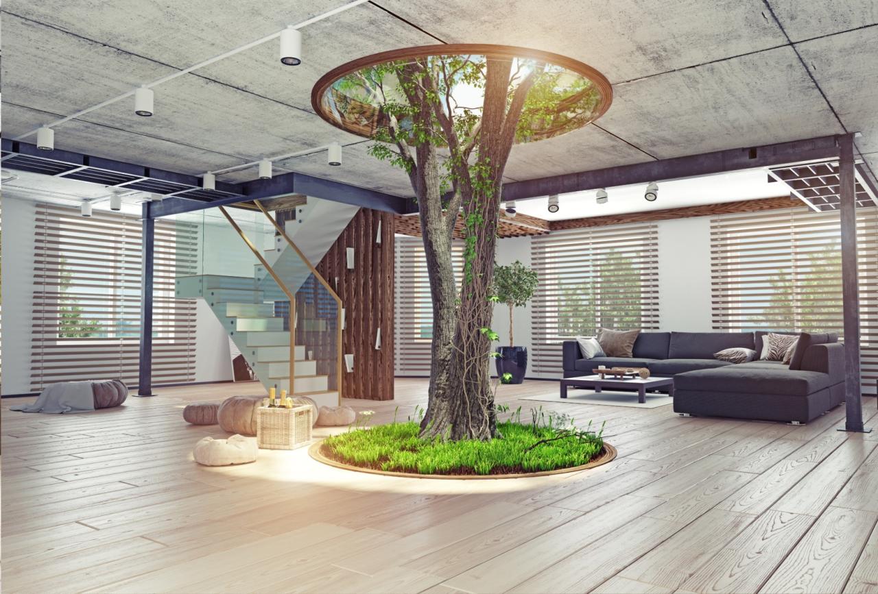 Biophilic design in a spacious living area with an integrated tree and circular skylight.
