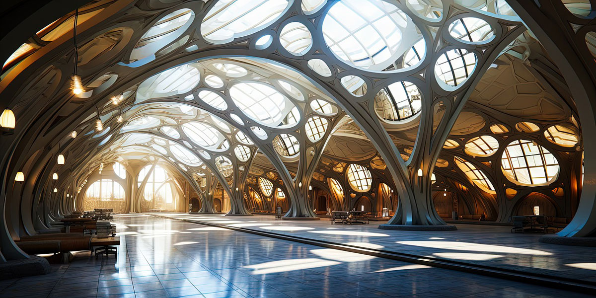 Architectural rendering of an elegant, biomorphic building interior.