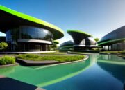 Modern buildings with distinctive green roofs and curved facades, surrounding calm reflective pools.