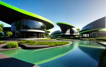 Modern buildings with distinctive green roofs and curved facades, surrounding calm reflective pools.
