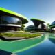 Modern buildings with distinctive green roofs and curved facades, surrounding calm reflective pools.
