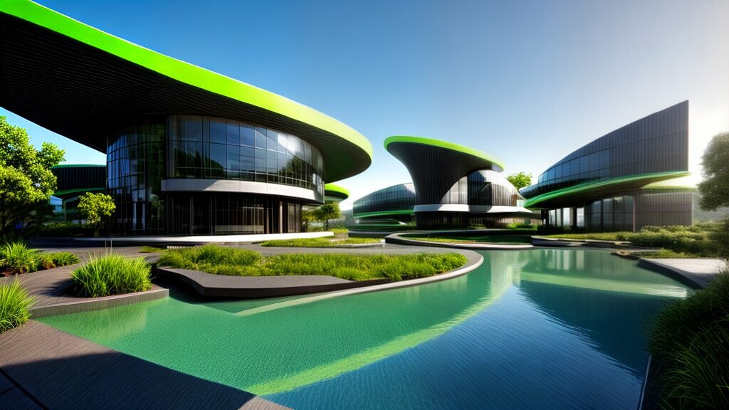 Modern buildings with distinctive green roofs and curved facades, surrounding calm reflective pools.