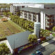 A sustainable urban development featuring multi-story residential buildings, an agricultural field, and shared communal areas.