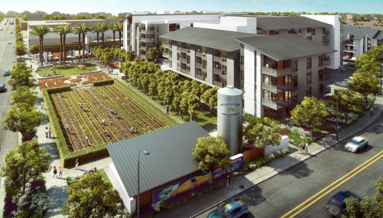 A sustainable urban development featuring multi-story residential buildings, an agricultural field, and shared communal areas.