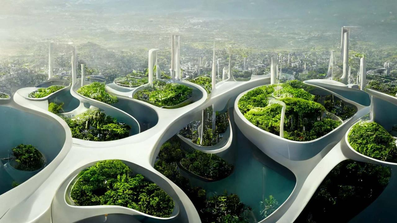 An aerial view of an urban area featuring elevated gardens and sleek, white structures.