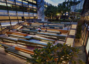 Modern tiered outdoor seating area with integrated lighting and accessible ramps.