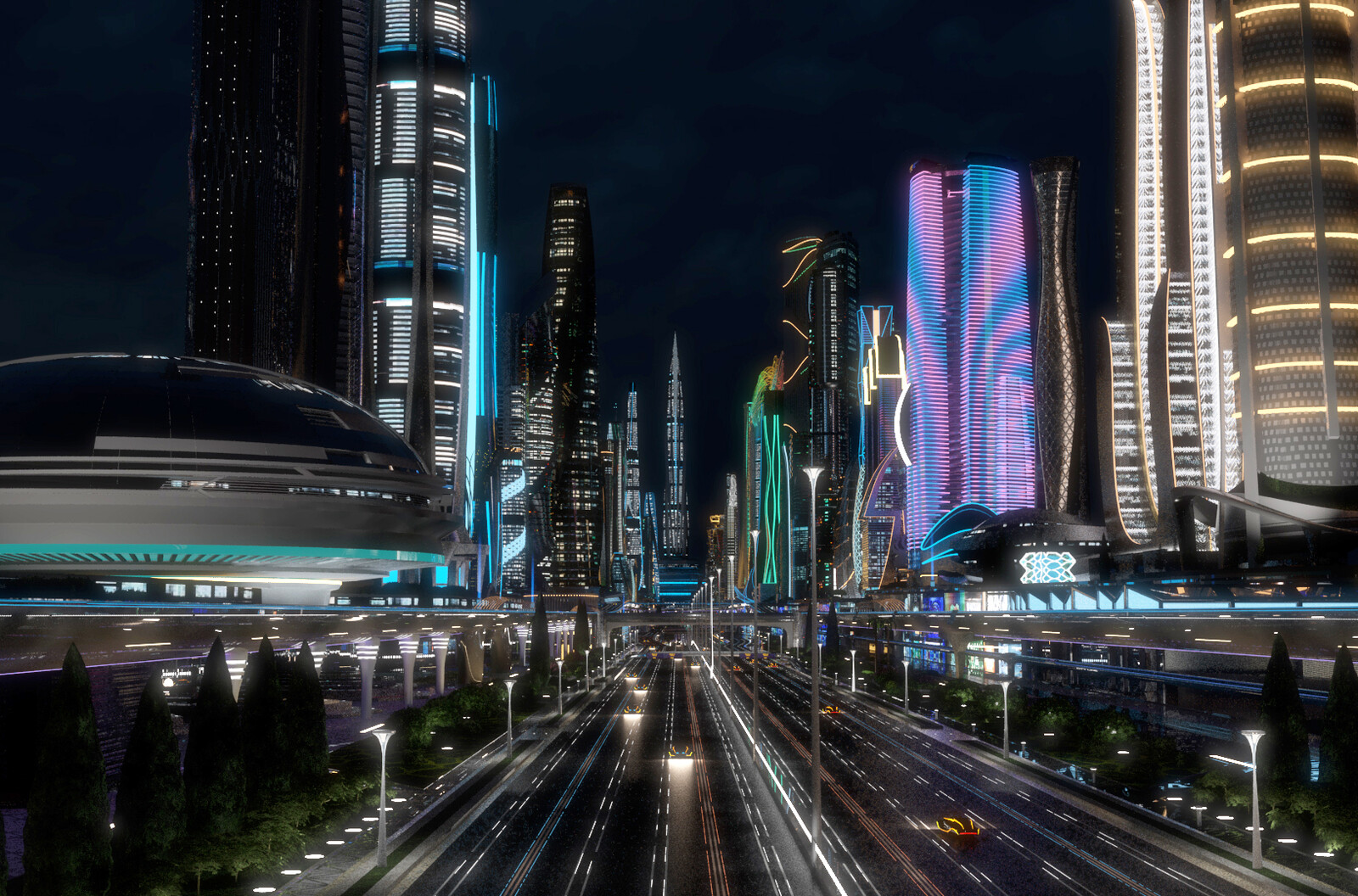 Futuristic city skyline at night with neon-lit skyscrapers and multi-lane highway.