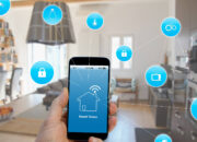 Smart home concept with icons for various connected devices floating around a phone.
