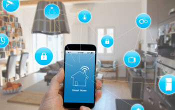 Smart home concept with icons for various connected devices floating around a phone.