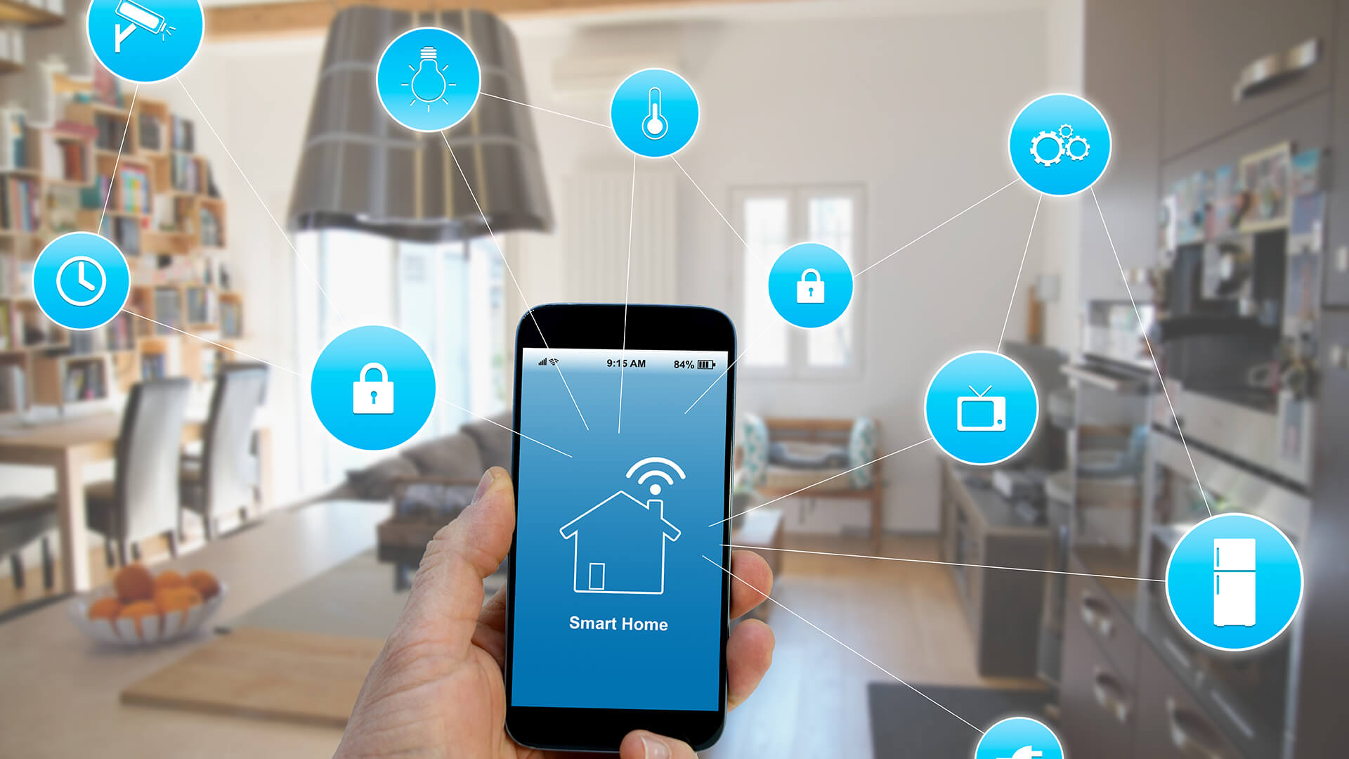 Smart home concept with icons for various connected devices floating around a phone.