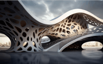 A futuristic building with a flowing, organic white exterior featuring a complex, perforated pattern.