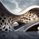 A futuristic building with a flowing, organic white exterior featuring a complex, perforated pattern.