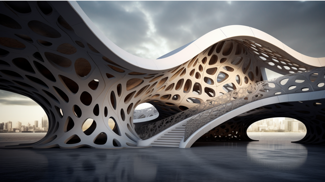 A futuristic building with a flowing, organic white exterior featuring a complex, perforated pattern.