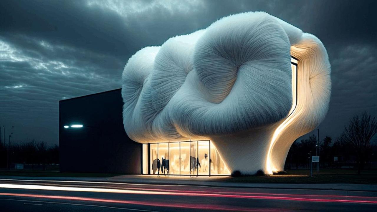 Contemporary architecture featuring a unique, soft, organic white structure illuminated at night.