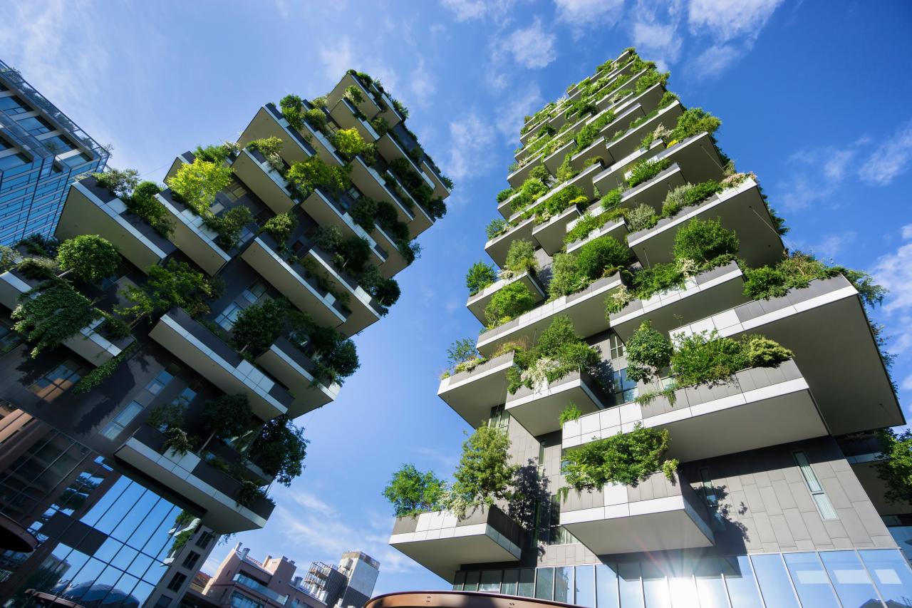 Eco-friendly skyscrapers with extensive green balconies.