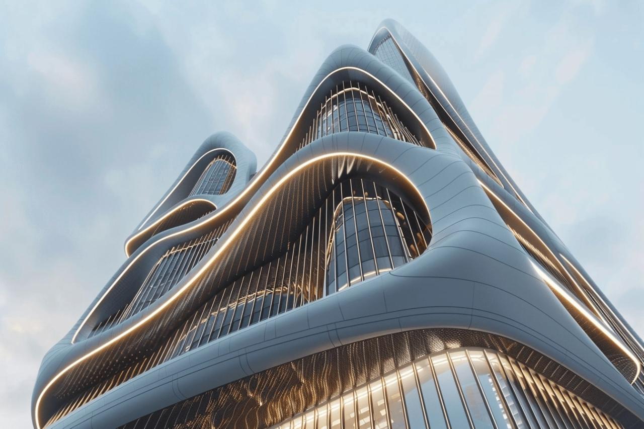 Contemporary architecture with a distinctive fluid form and prominent exterior lighting.