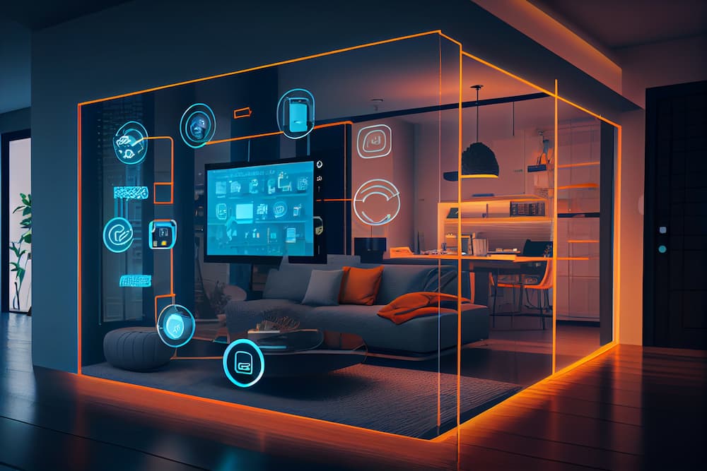 Smart home concept with glowing orange outline and connected device icons.