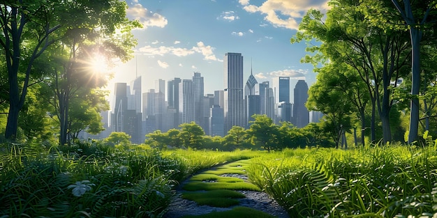A lush green landscape with a winding pathway leading towards a modern city skyline under a sunlit sky.